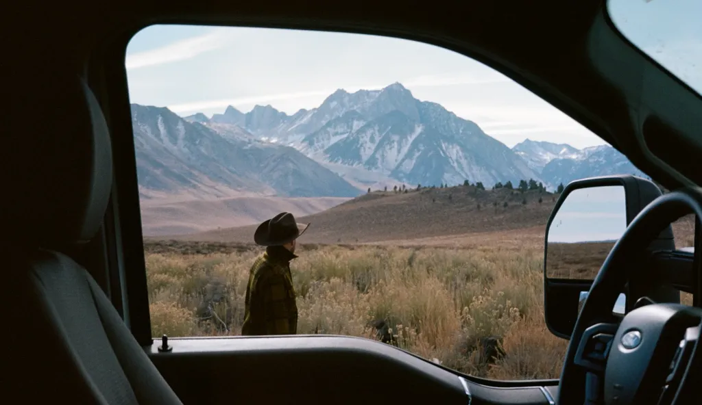 Image of a field and mountain taken through the window of an RV